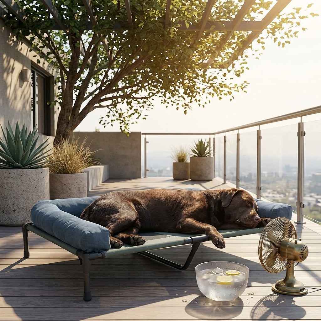 Gray padded raised dog cooling cot with sleeping dark dog on deck.