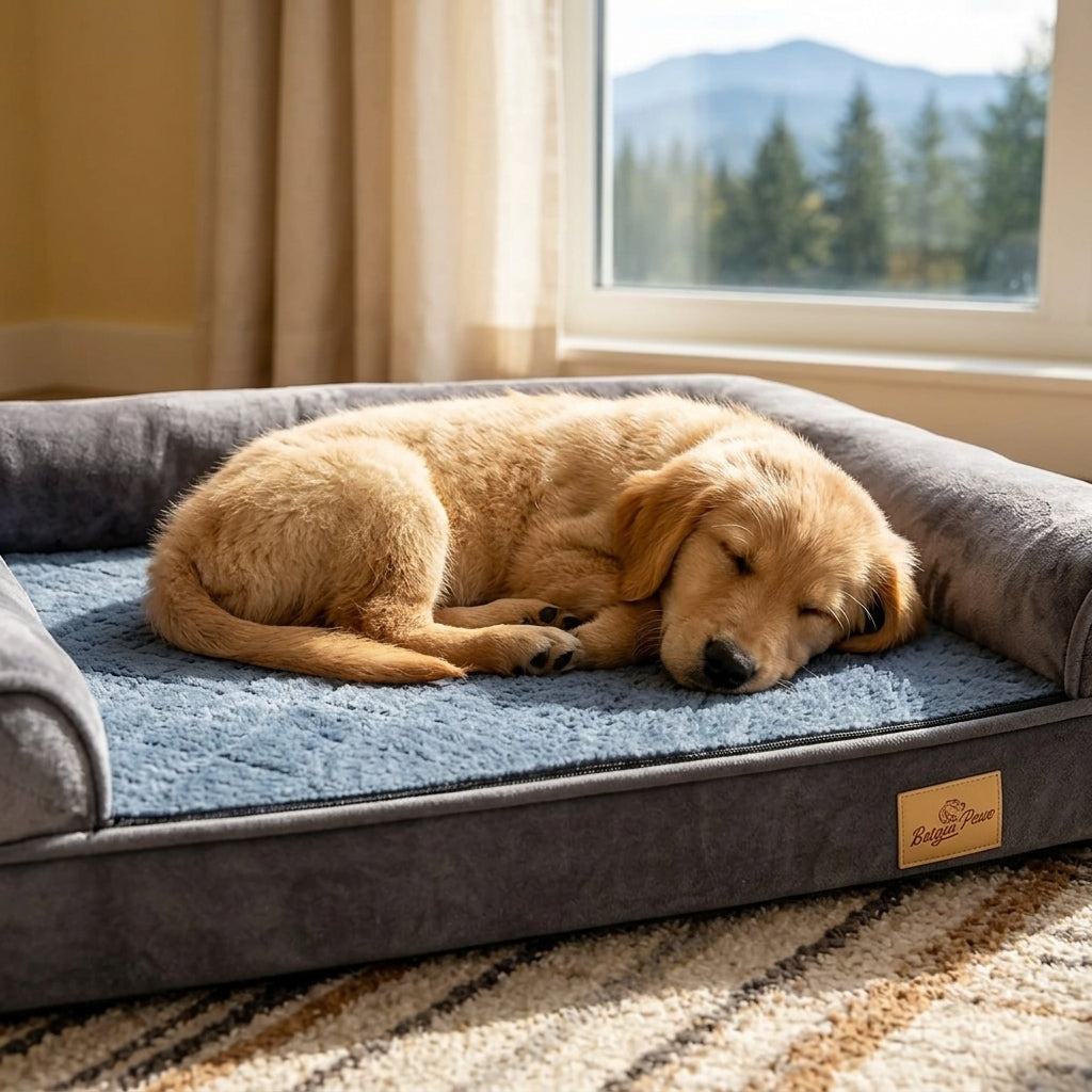Bolster sofa dog bed with blue cushion and gray bolsters; golden dog resting on side.