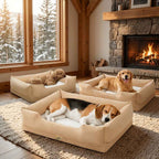 Three beige waterproof bolster crate beds with three dogs sleeping