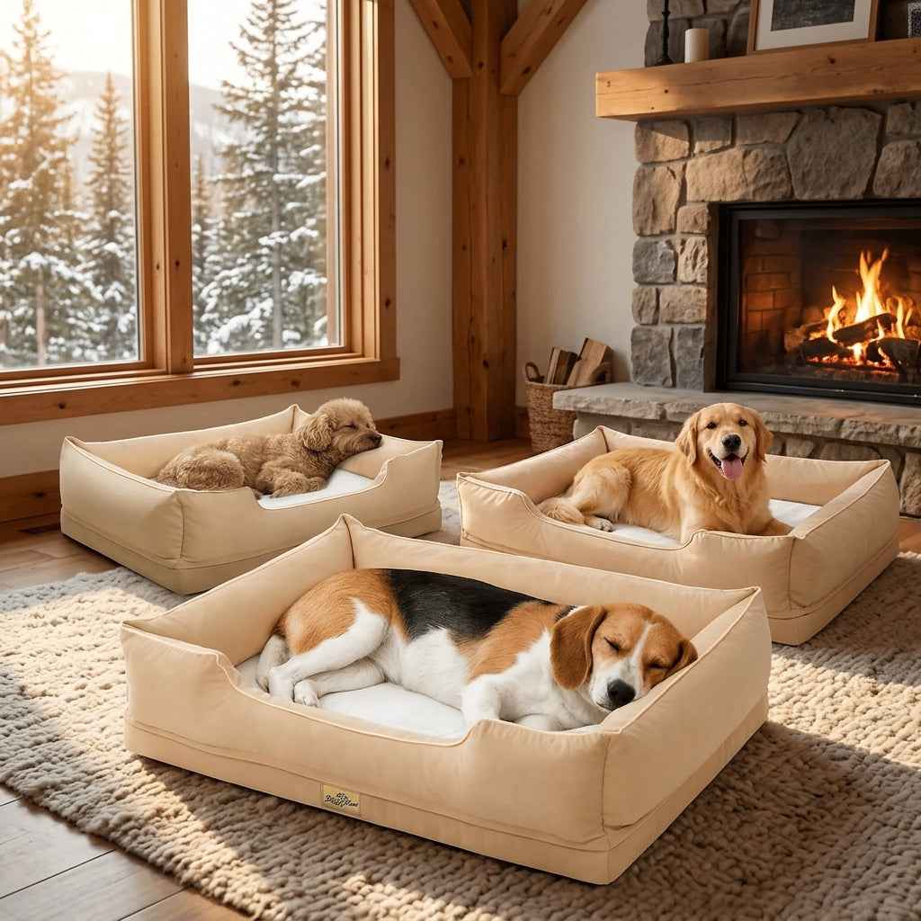 Three beige waterproof bolster crate beds with three dogs sleeping