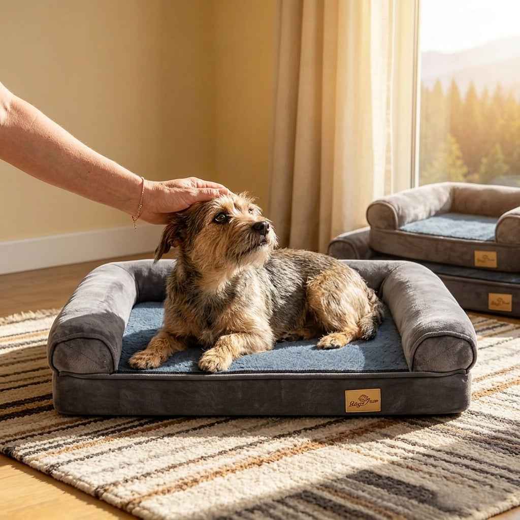 Bolster sofa dog bed with blue cushion and gray bolsters; terrier puppy sitting.