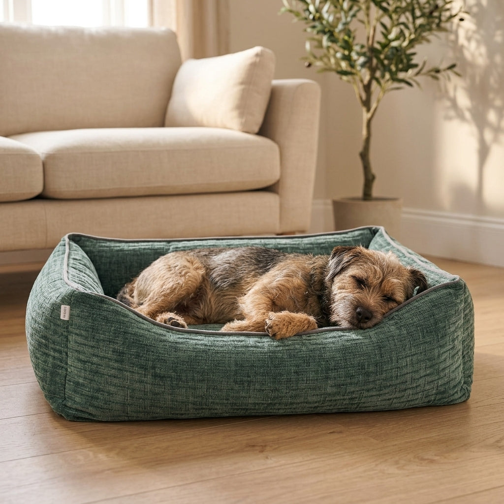 Green corduroy orthopaedic pet bed with cushioned bolsters and textured fabric; dog resting