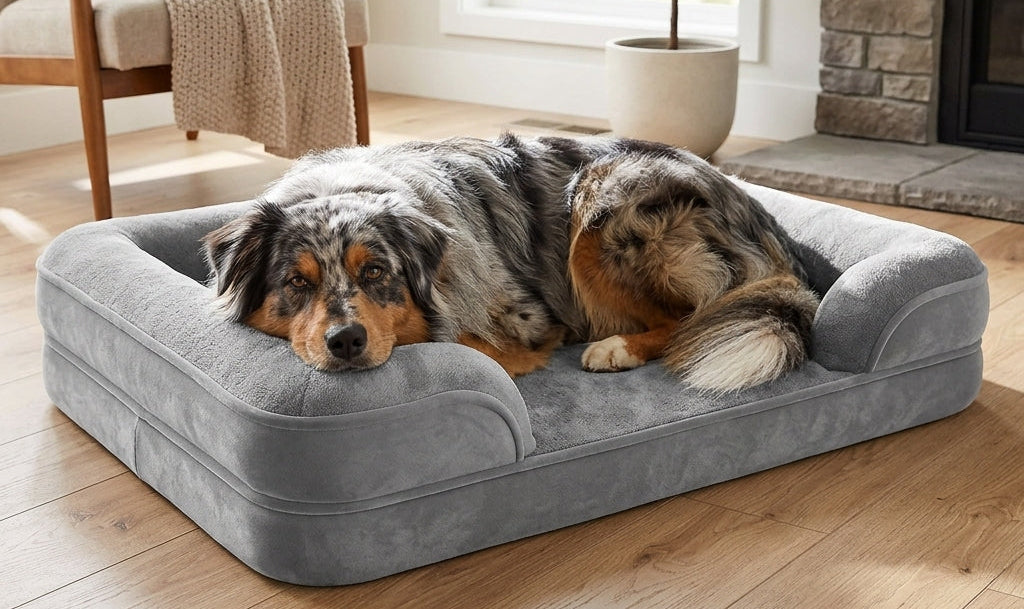 Gray orthopaedic dog bed with plush cushion and raised bolstered sides, with two resting dogs.