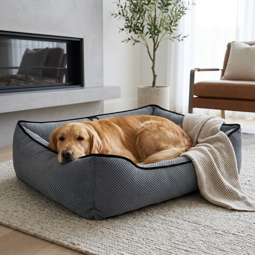 Textured plush dog bed in dark gray with raised sides and trim, with golden dog resting.