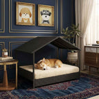 Rattan dog house with canopy roof, open front, and raised cushioned base for pets