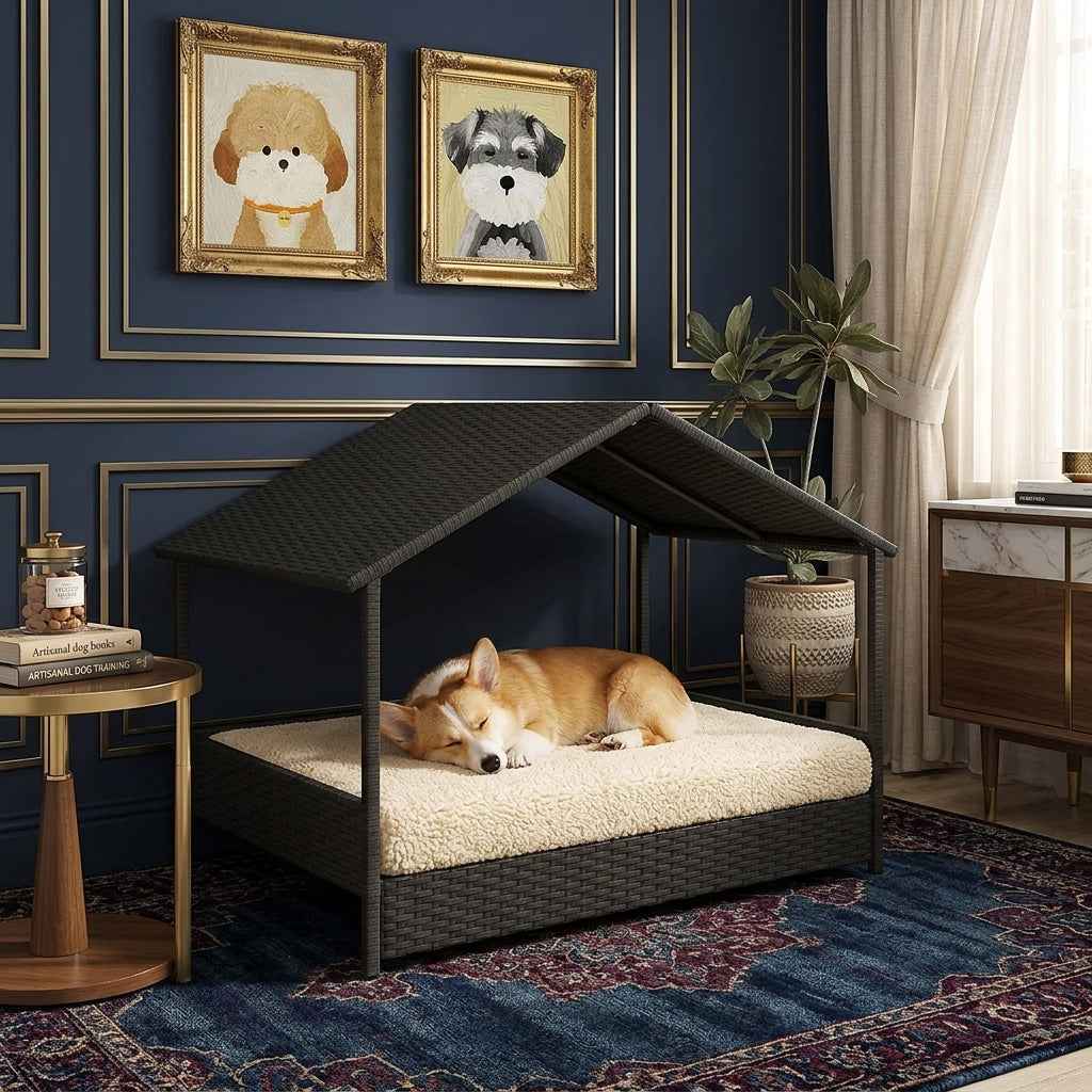 Rattan dog house with canopy roof, open front, and raised cushioned base for pets