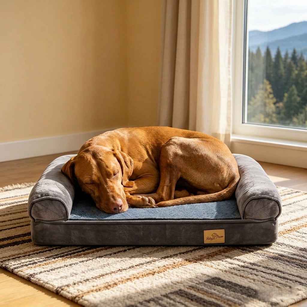 Bolster sofa dog bed with blue cushion and dark gray bolsters; orange dog sleeping.