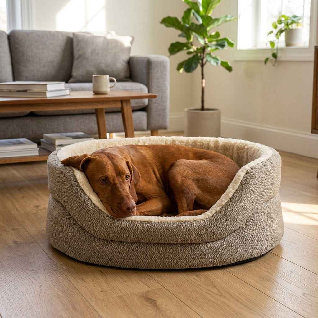 High-sided nest dog bed in gray fabric with light inner rim, dog resting inside