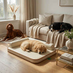 Waterproof dog bed mat with beige cushion and brown trim, two dogs lying on it.