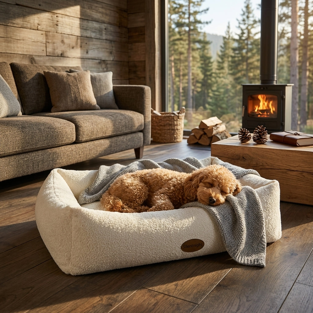 Cream bouclé pet nest bed with small dog lying down and gray throw