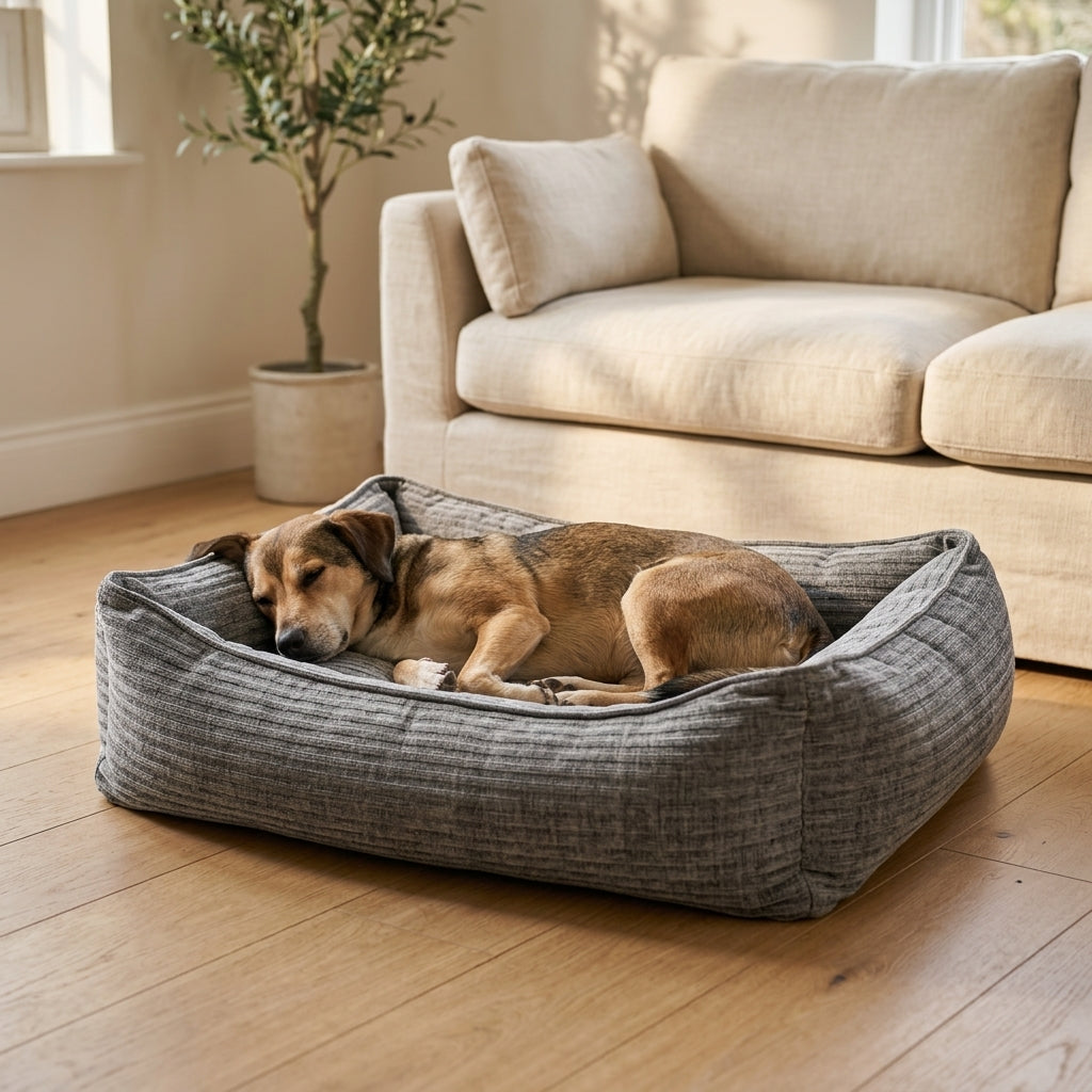 Gray corduroy orthopaedic pet bed with cushioned bolsters and textured fabric; dog lying inside