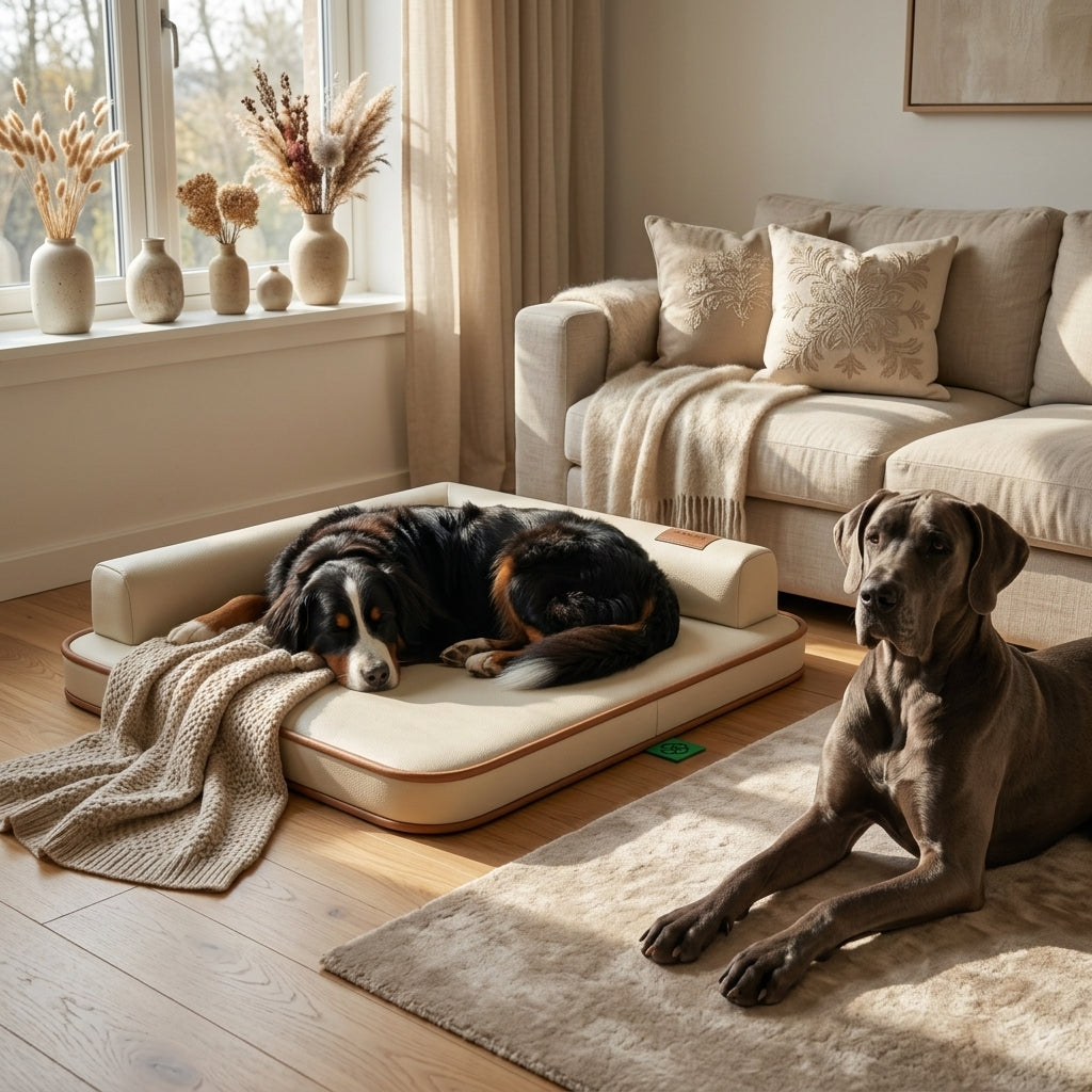 Waterproof dog bed mat with beige cushion and brown trim, dog resting on the cushion.