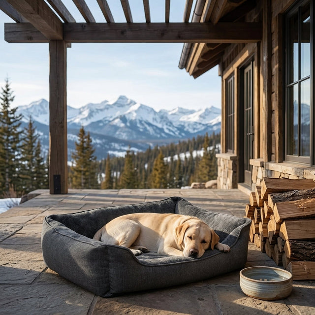 Gray bolster dog bed with raised sides and tan dog lying outdoors