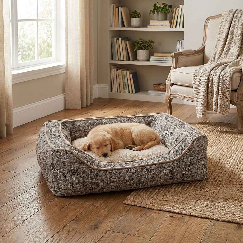 Square reversible fabric dog bed with border trim and cushioned base, dog curled up.