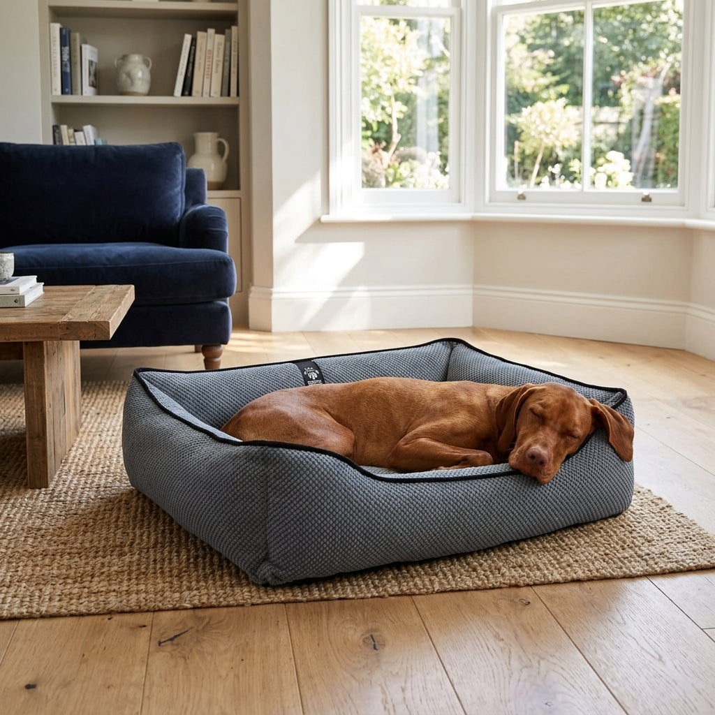 Textured plush dog bed in dark gray with black trim; reddish-brown dog lying on its belly.