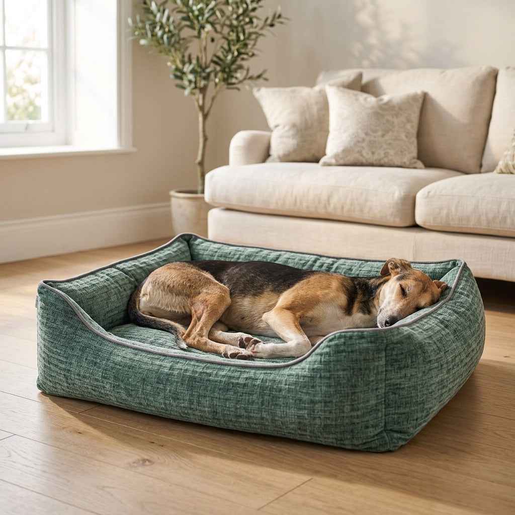 Kendal green corduroy orthopaedic pet bed, low bolster sides with dog resting inside