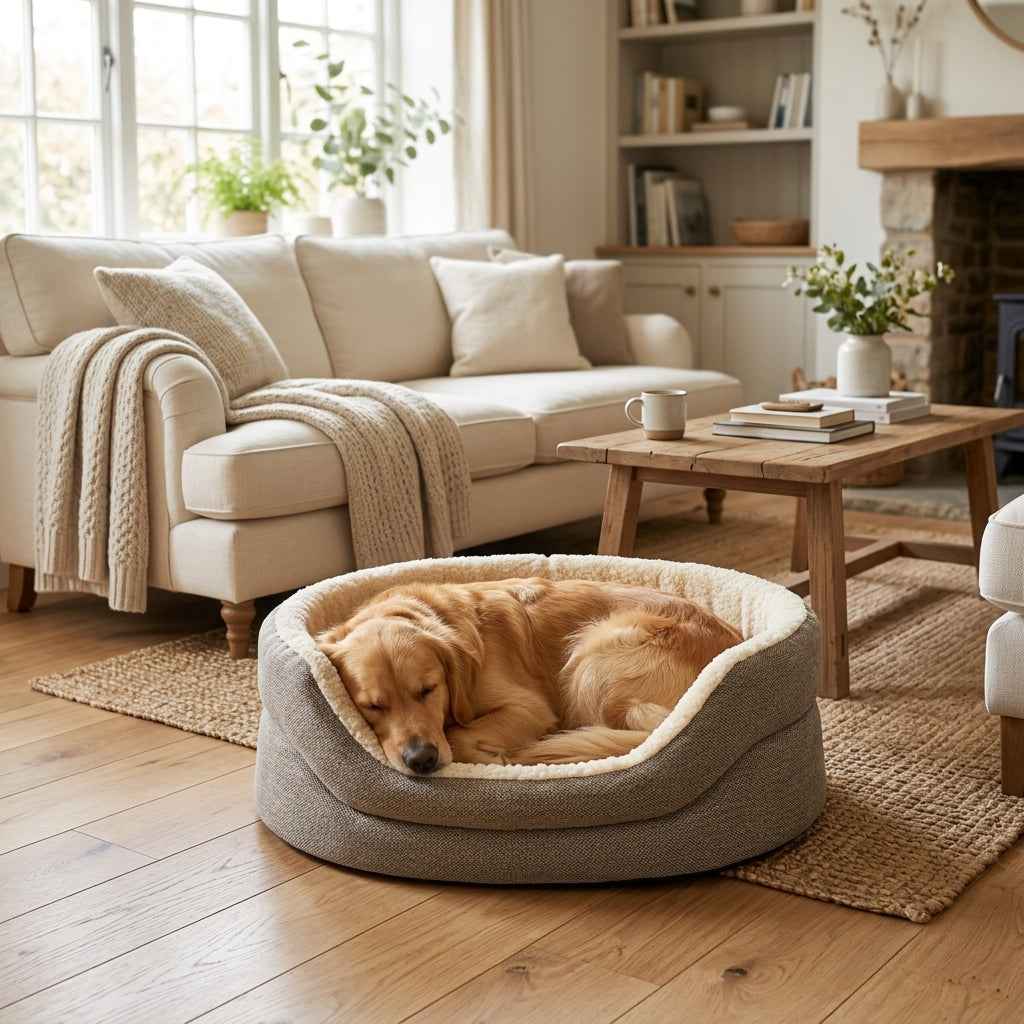 High-sided nest dog bed in gray fabric with cushioned sides, small dog resting