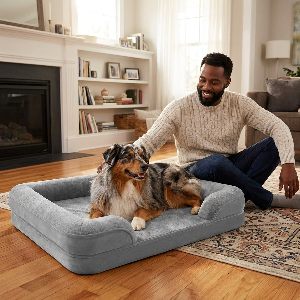 Gray orthopaedic dog bed with raised bolstered sides and plush cushion, with a person and dog.