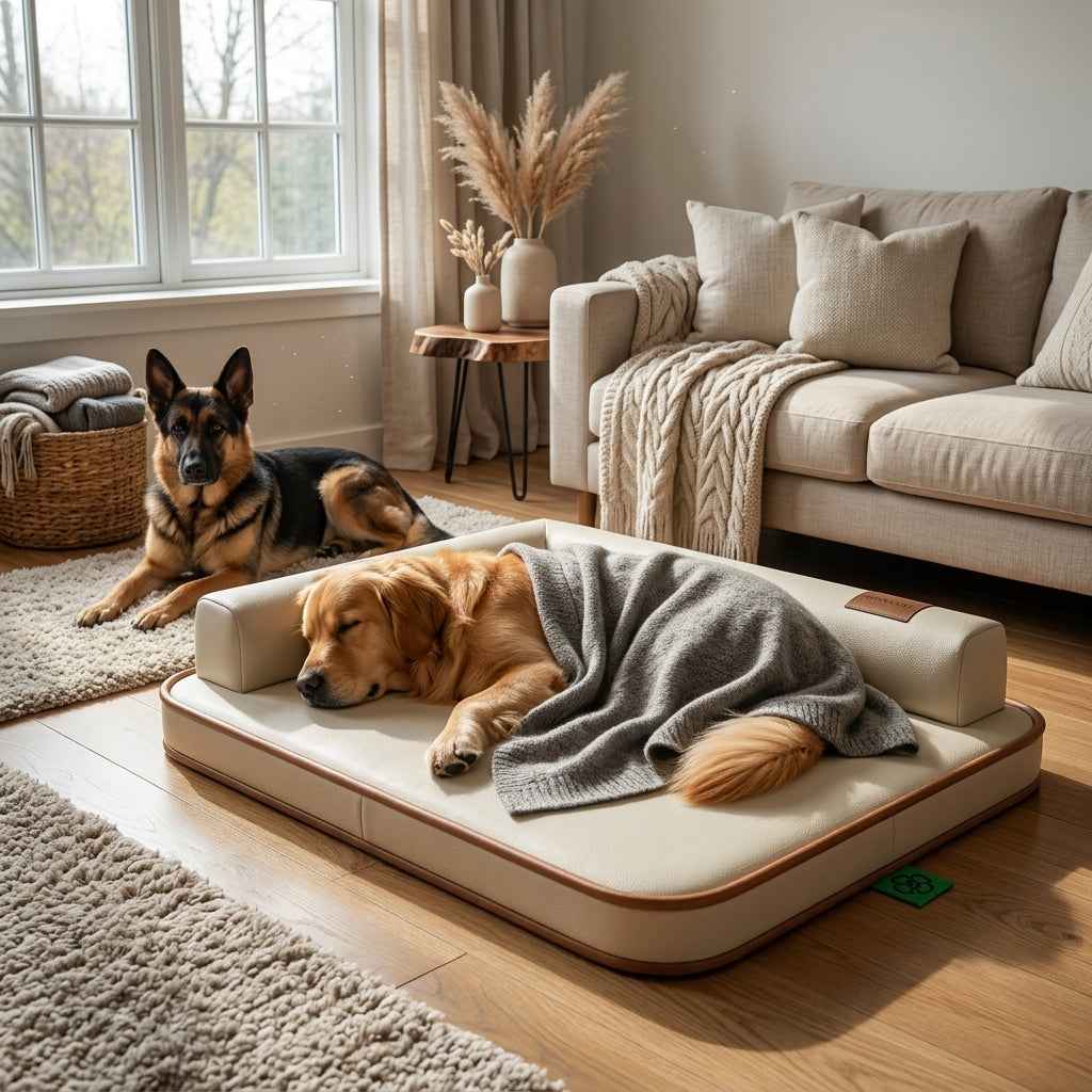 Waterproof dog bed mat with beige cushion and brown trim, two dogs resting on top.