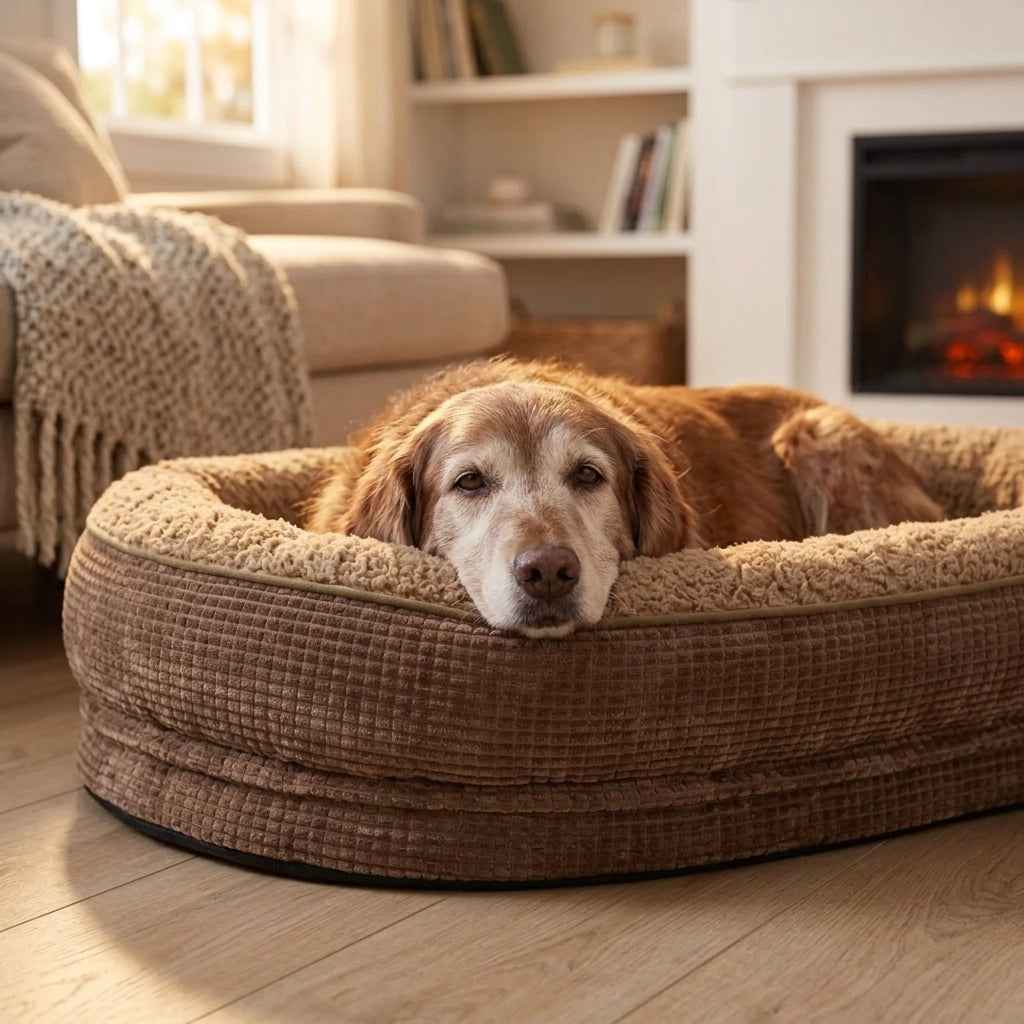 Round four-sided bolster dog bed in dark brown with beige rim, tan dog lying down.