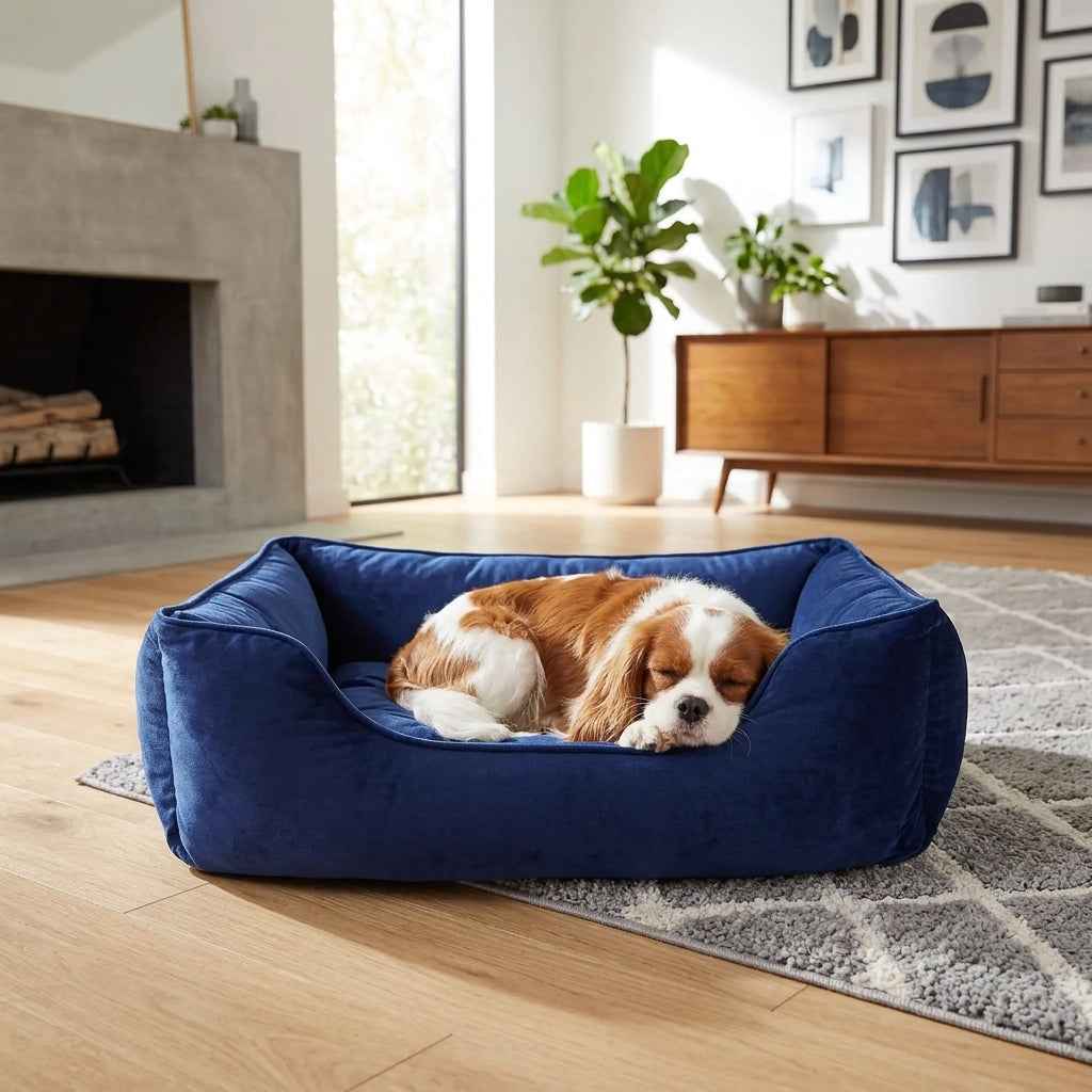 Blue velvet pet nest bed with low base and cushioned sides, tan-and-white dog sleeping