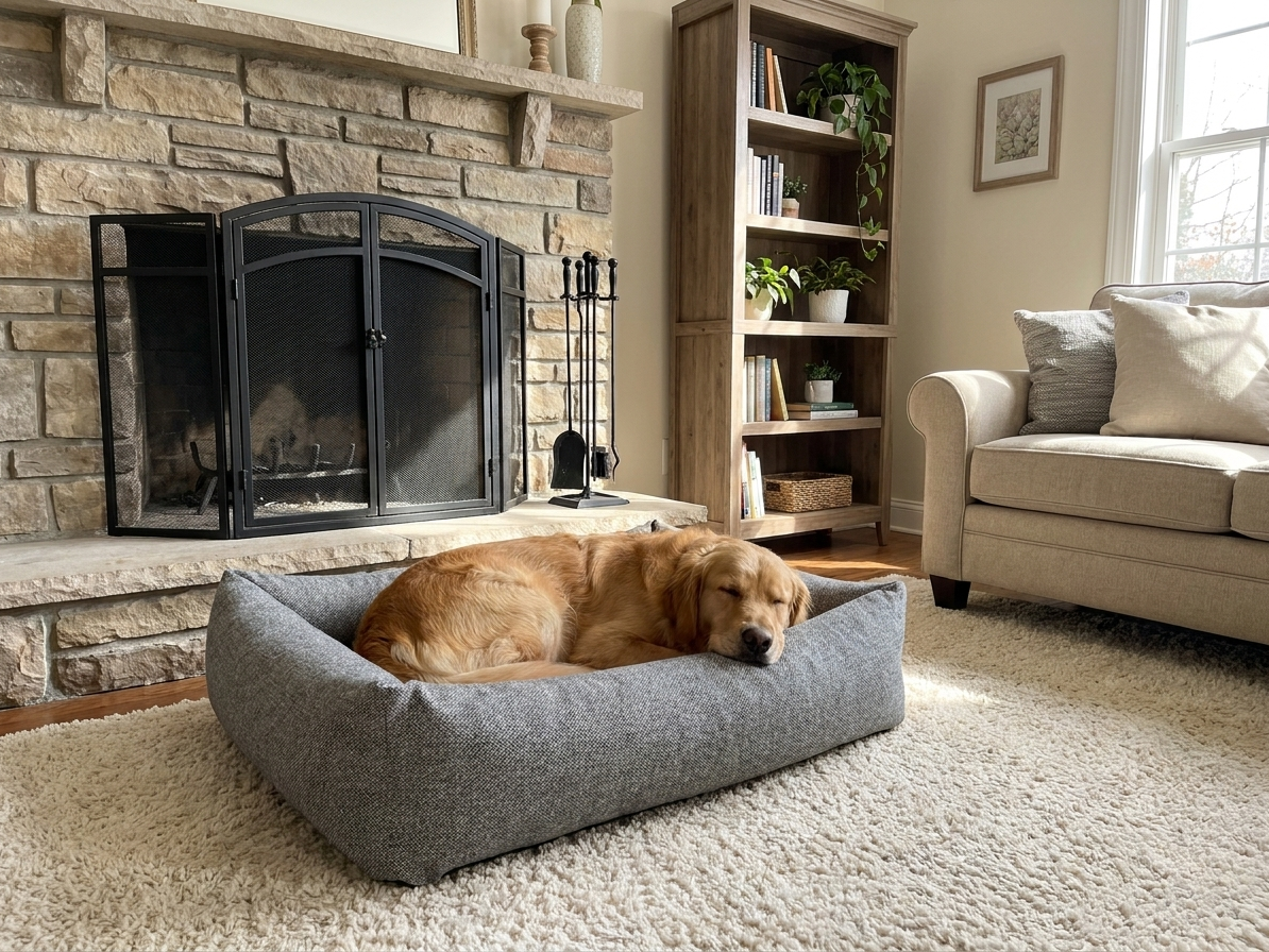 Memory foam dog bed with gray fabric cover and low bolsters, with a resting dog.