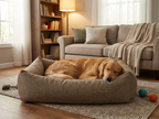 Memory foam dog bed with taupe-gray fabric cover and rounded sides, with a lounging dog.