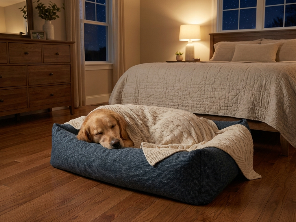 Memory foam dog bed with dark blue fabric cover and cushioned bolsters, with a resting dog.