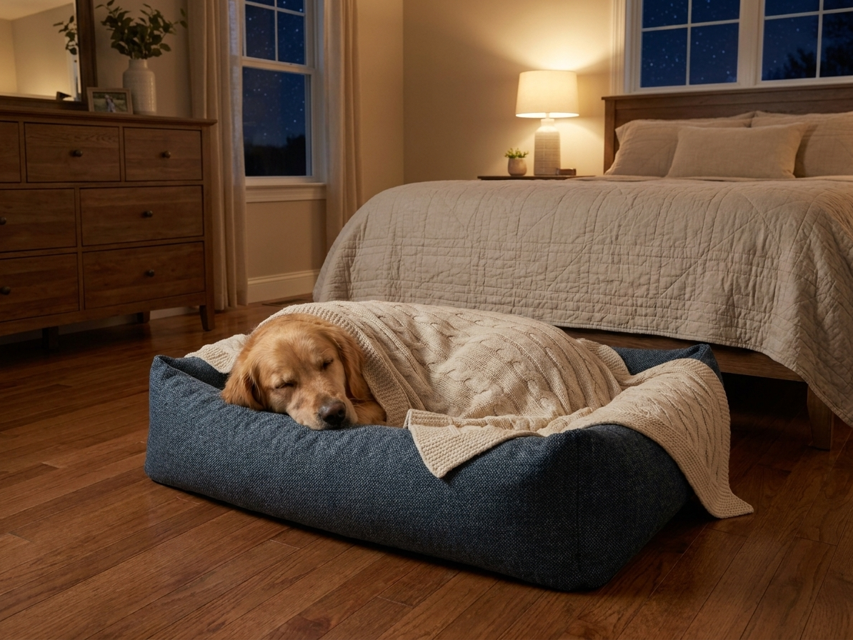 Memory foam dog bed with dark blue fabric cover and cushioned bolsters, with a resting dog.