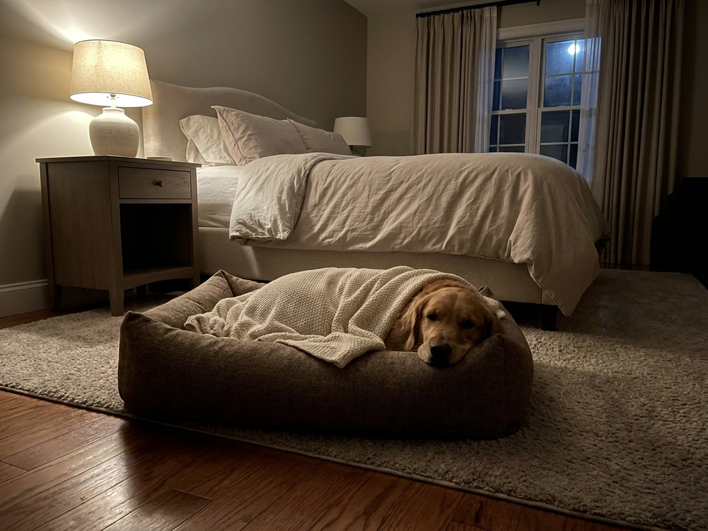 Memory foam dog bed with dark brown fabric cover and thick bolsters, with a lying dog.