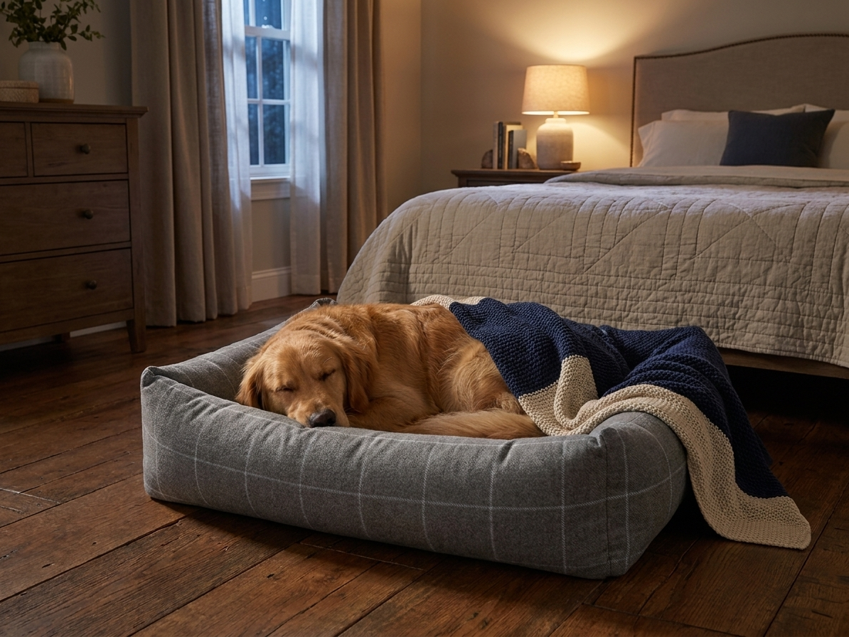 Memory foam dog bed with gray fabric cover and padded sides, with a dog resting inside.