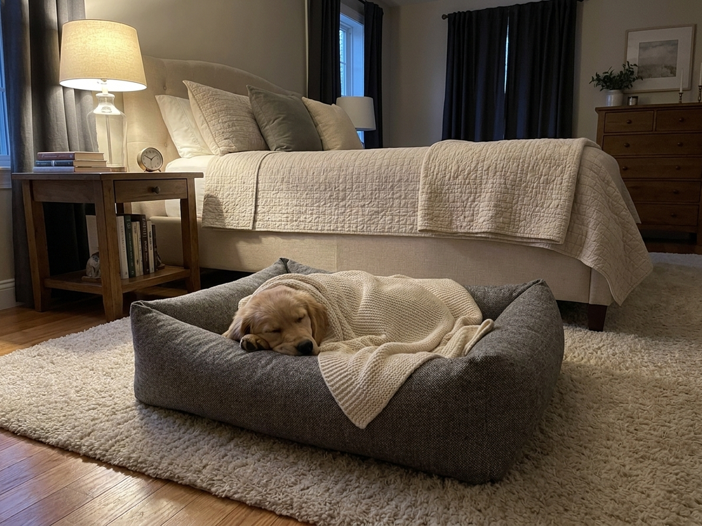 Memory foam dog bed with dark gray fabric cover and bolstered edges, with a curled dog.