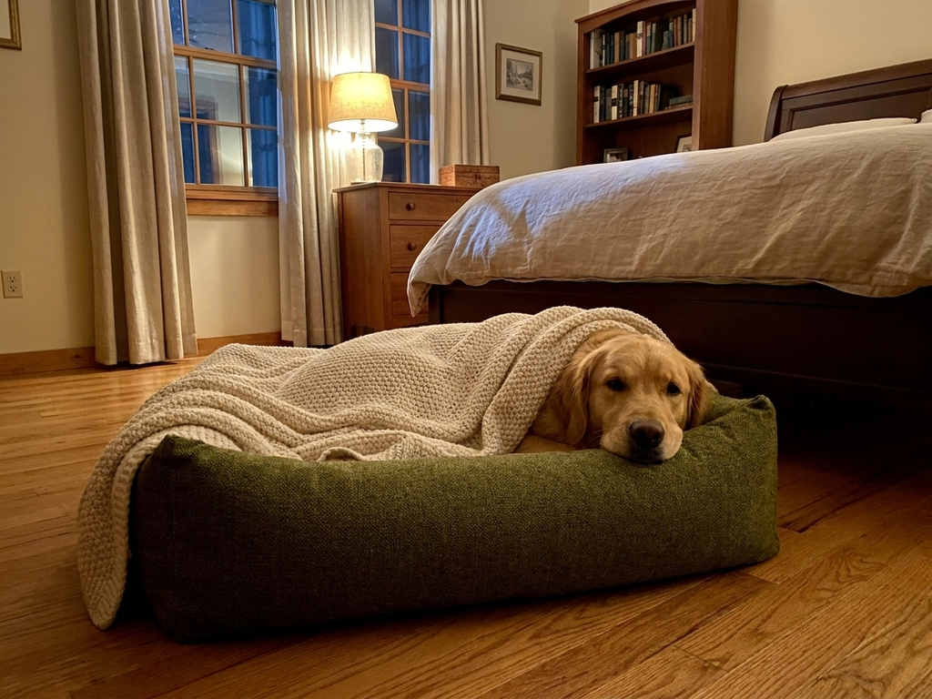 Memory foam dog bed with green fabric cover and rounded sides, with a lying dog.
