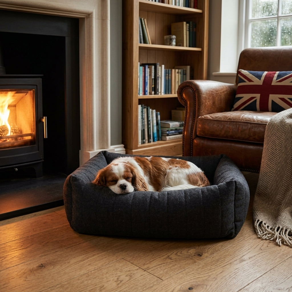 Dark gray round pet nest bed with high padded walls, with a resting small dog curled up