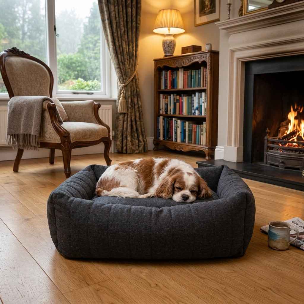 Dark gray round pet nest bed with high padded walls, with a resting dog and cozy look