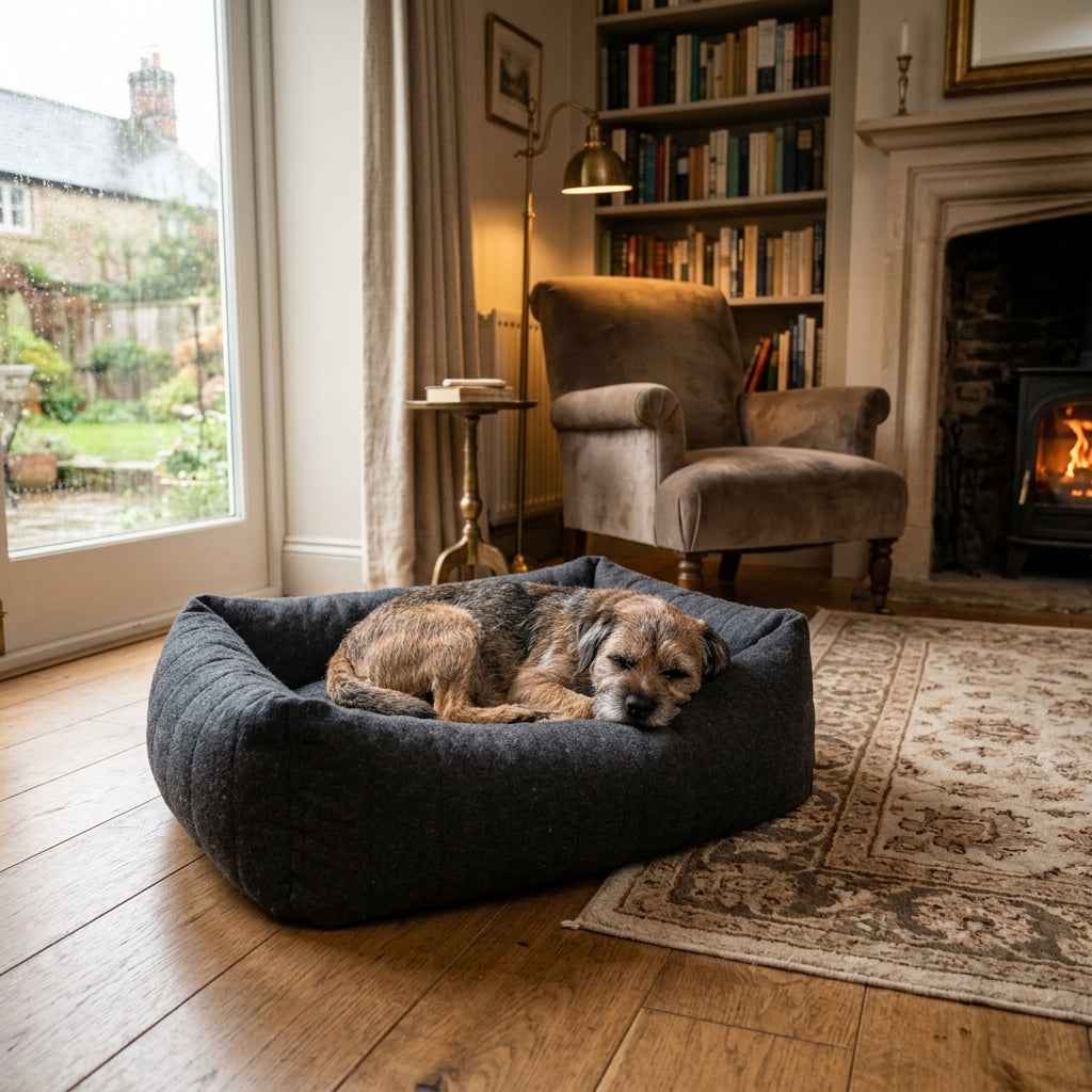 Dark gray round pet nest bed with thick high walls, with a sleeping dog stretched out