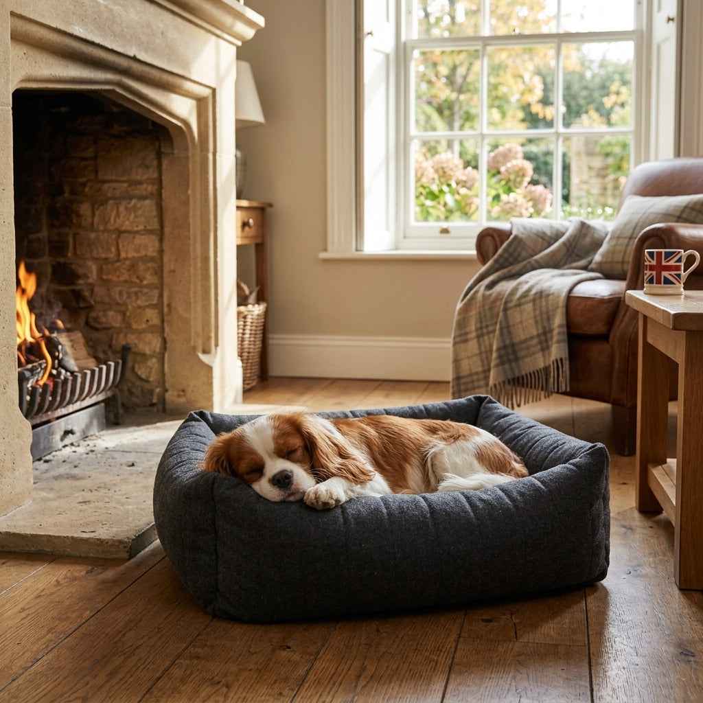 Dark gray round pet nest bed with high padded walls, with a dog resting near the fireplace