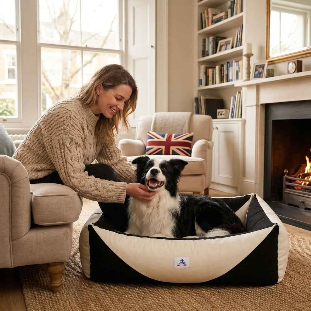 Orthopaedic dog bed with black sides, white bolster, and pressure-relief support base