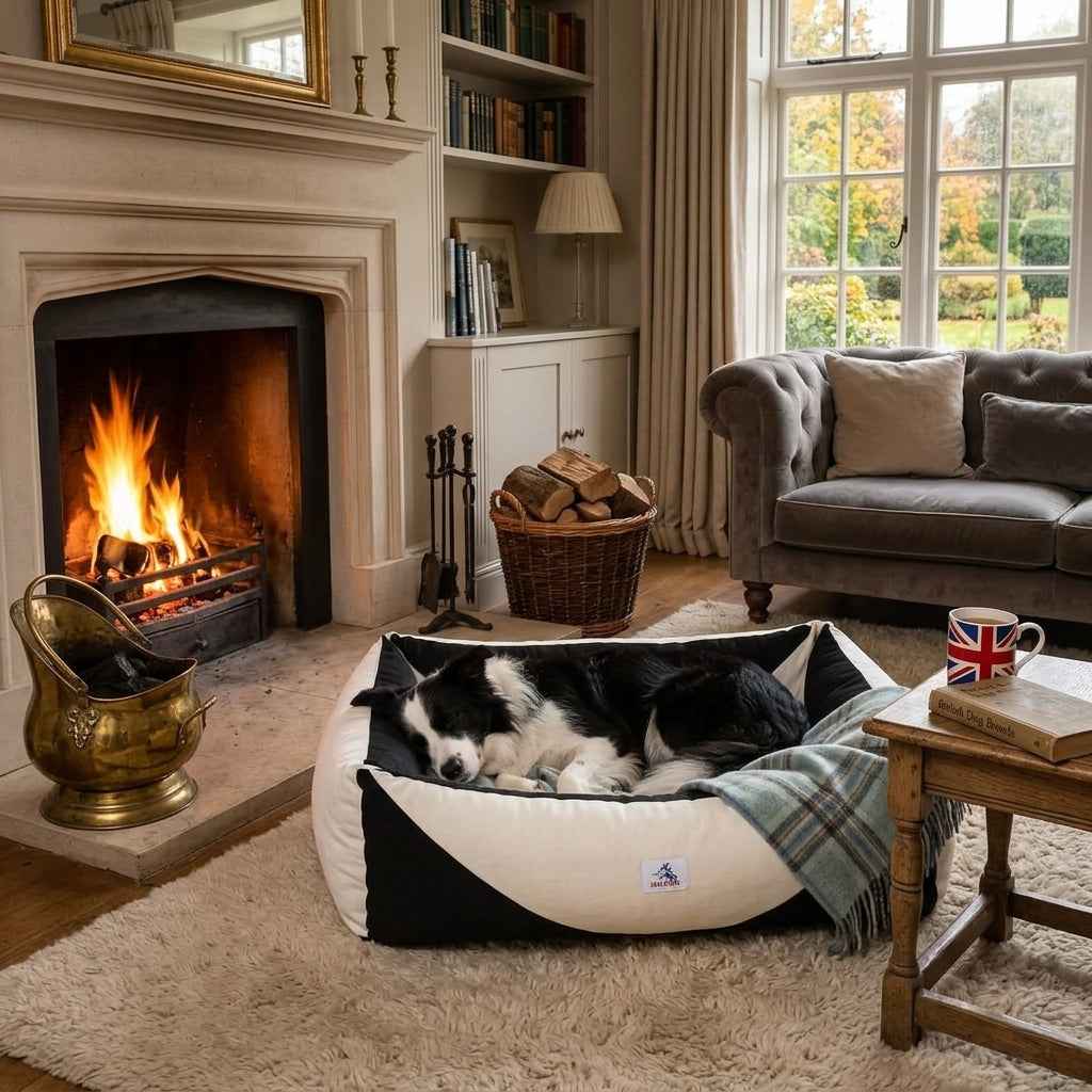 Orthopaedic dog bed with black sides, white bolster, and pressure-relief support; dog resting
