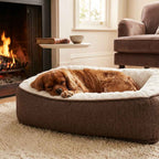 Taupe dog memory foam mattress bed with rounded corners and bolstered sides