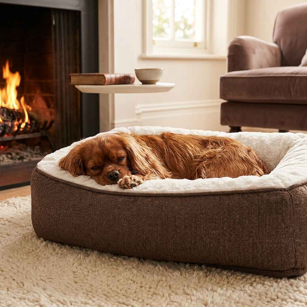 Taupe dog memory foam mattress bed near fireplace, bolstered sides and flat top