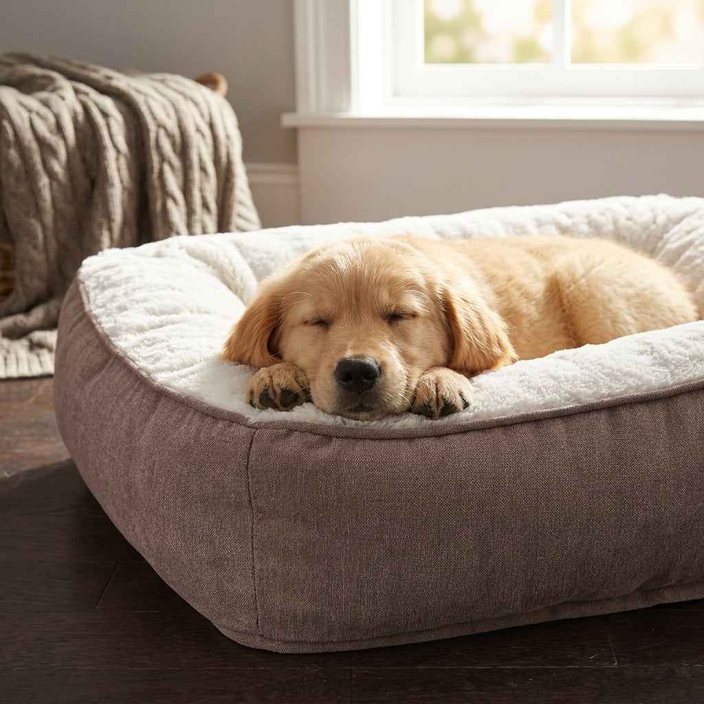 Taupe dog mattress bed with plush insert and cushioned rim, pet sleeping