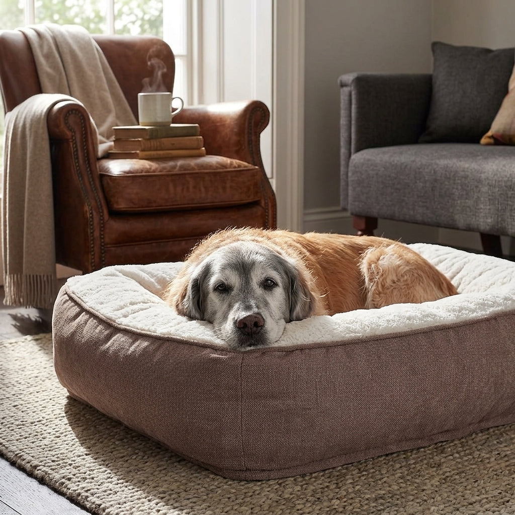 Taupe dog memory foam mattress bed with thick rim, pet resting on top