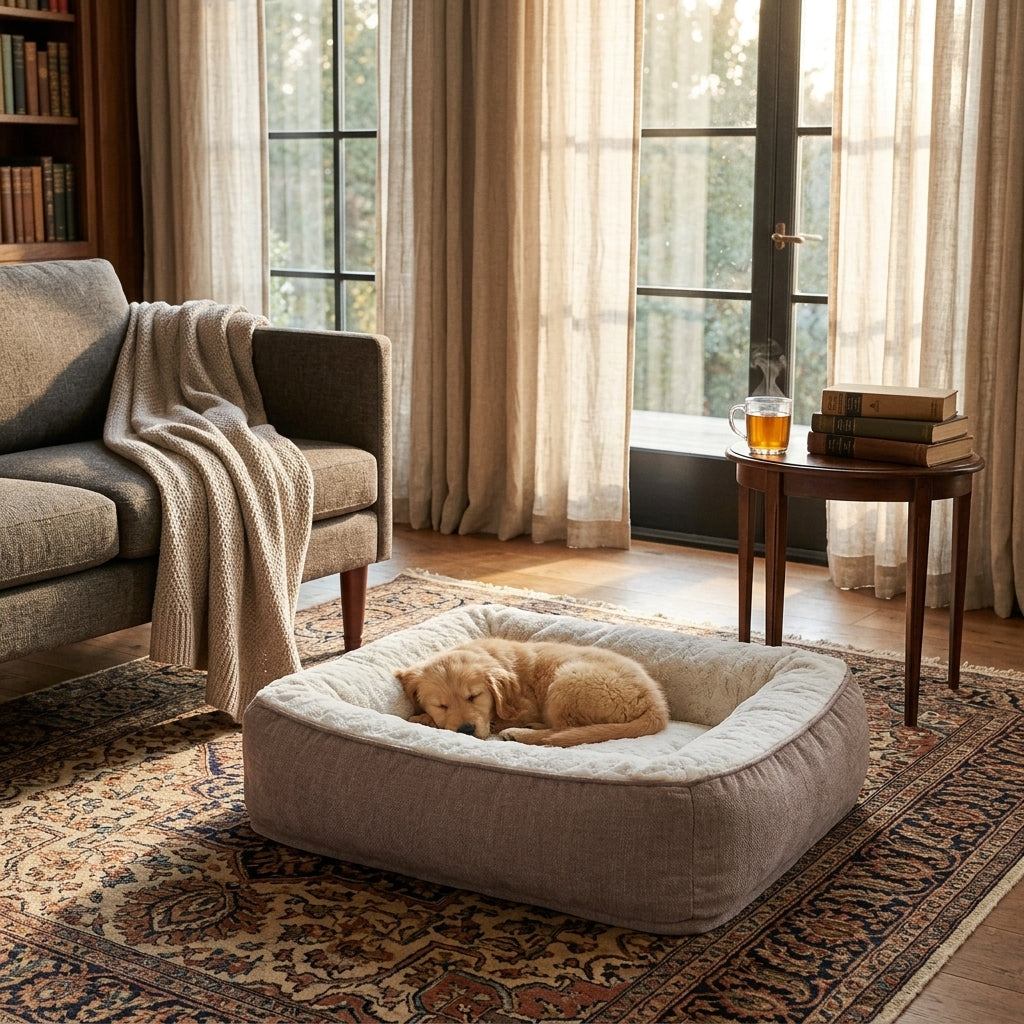 Taupe memory foam dog bed with low profile, placed on patterned rug