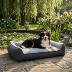 Gray upholstered sofa bed with cushioned armrests and wide lounge base