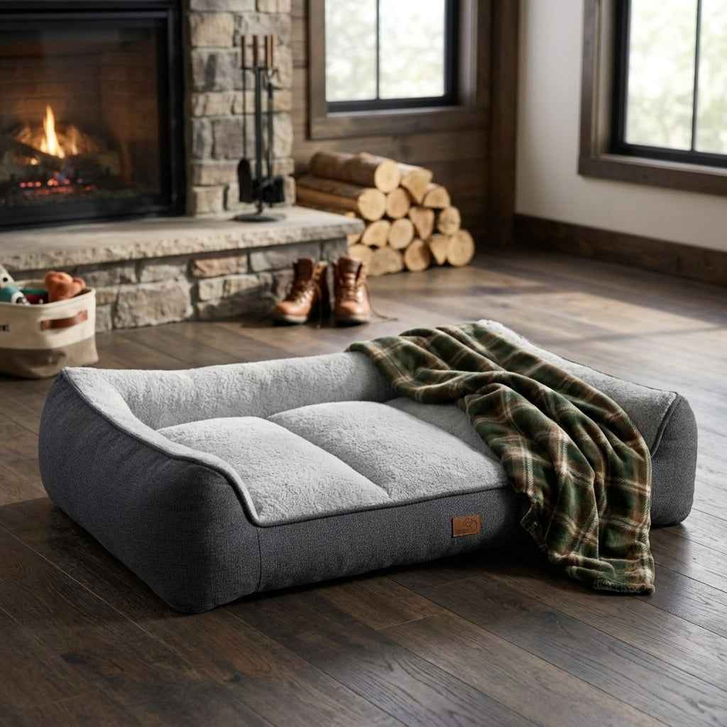 Gray upholstered sofa bed with armrests and plaid throw blanket on the cushion