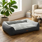 Gray upholstered orthopaedic sofa bed with cushioned seat and rounded ends