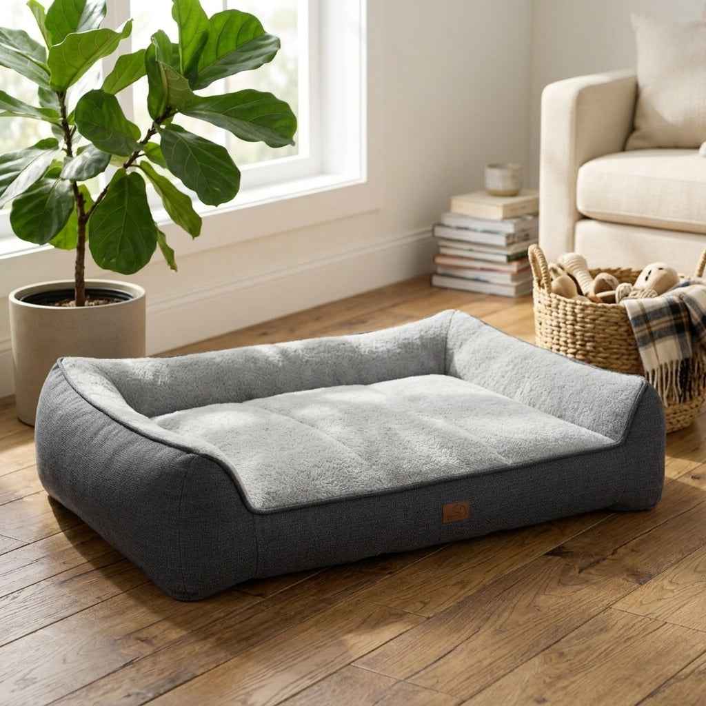 Gray upholstered orthopaedic sofa bed with cushioned seat and rounded ends
