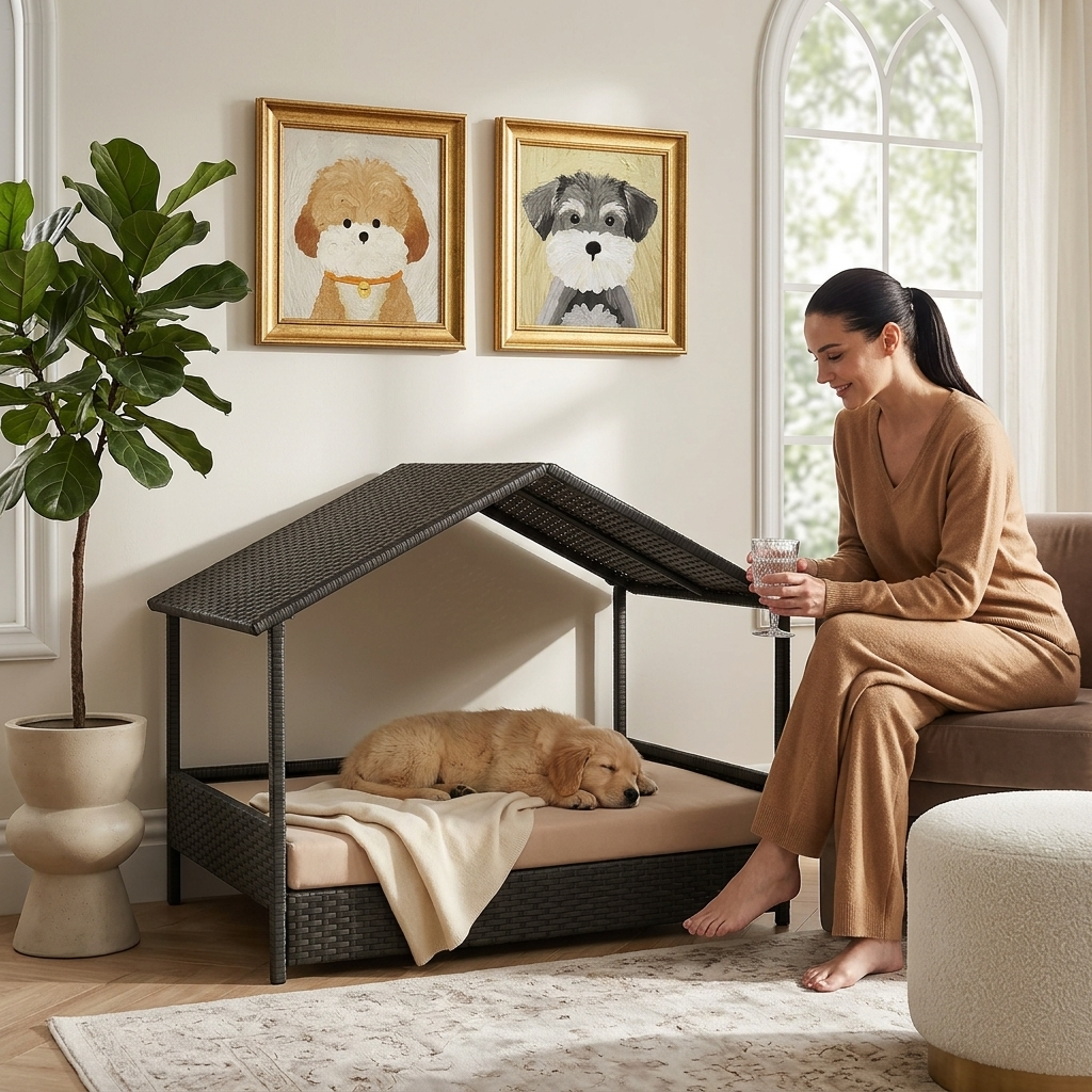 Rattan dog house with canopy roof and beige blanket on raised cushion, dark woven frame