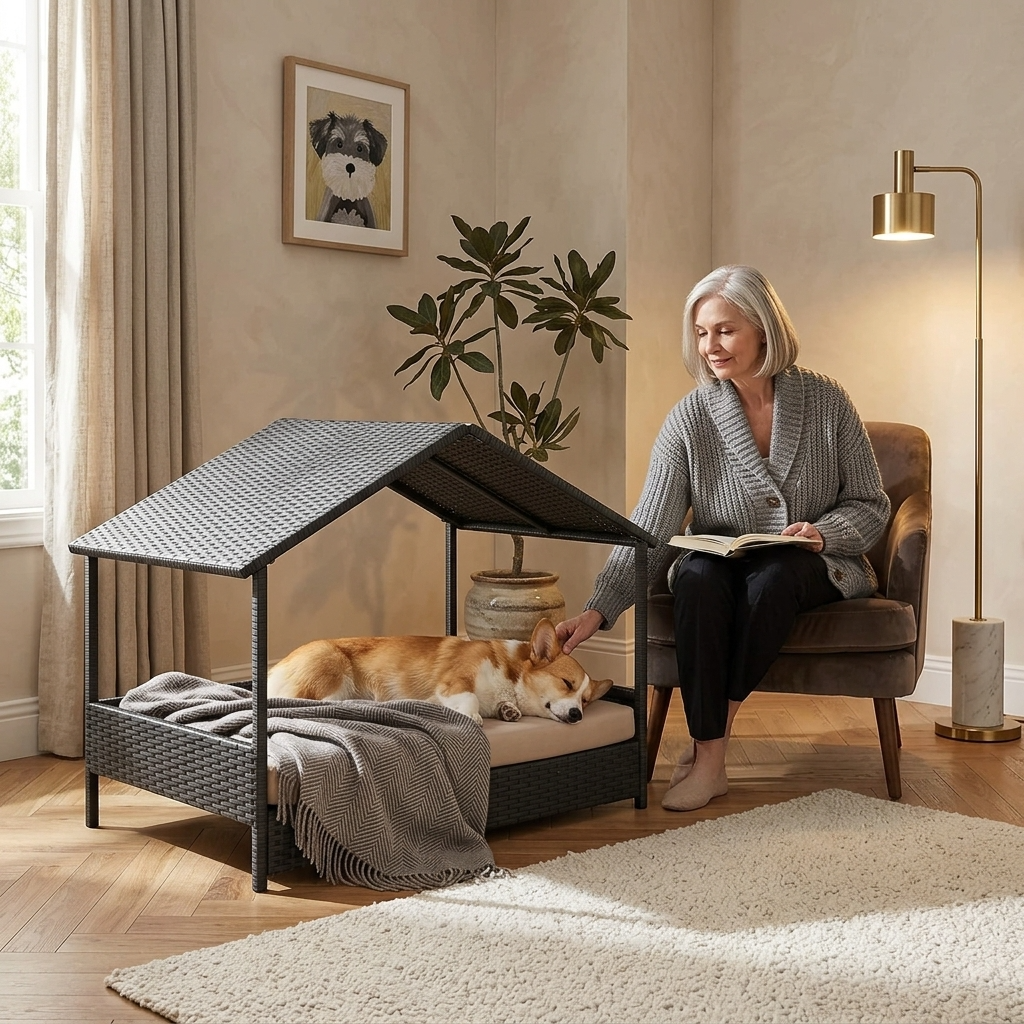 Rattan dog house with canopy roof and raised cushioned bed, dark woven sides